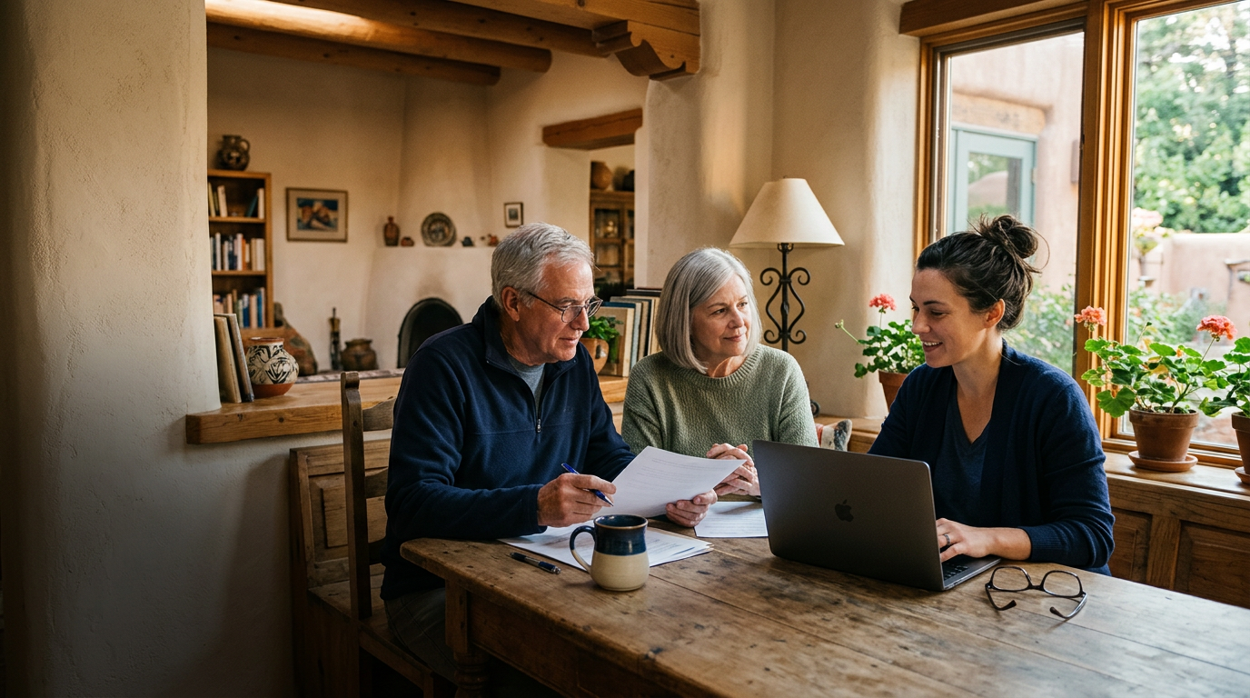 An older couple and their adult daughter reviewing paperwork at a kitchen table in a Santa Fe adobe home